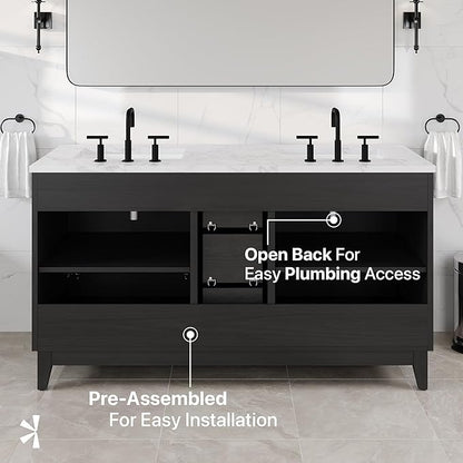 Graham 60 in. Blackwood Double Sink Bath Vanity with Arabescato Engineered Stone Top and Undermount Porcelain Sinks