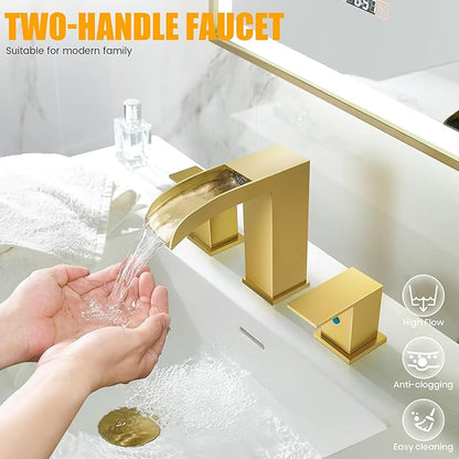 Waterfall Faucets for Sink 3 Hole - Gold Waterfall Bathroom Faucet 8 Inch Widespread Faucet Bathroom 2-Handles Modern Vanity Faucets with Overflow Pop Up Drain Supply Lines