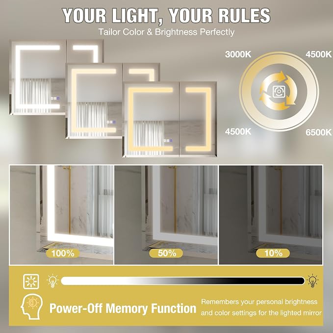 30x24 Lighted Medicine Cabinet with Mirror Defogger - Dimmable Touch Sensor, Adjustable Color Temperature, Shatterproof Tempered Glass, Quick-Release Hinges, Adjustable Shelves,UL Certified