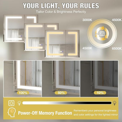 30x24 Lighted Medicine Cabinet with Mirror Defogger - Dimmable Touch Sensor, Adjustable Color Temperature, Shatterproof Tempered Glass, Quick-Release Hinges, Adjustable Shelves,UL Certified
