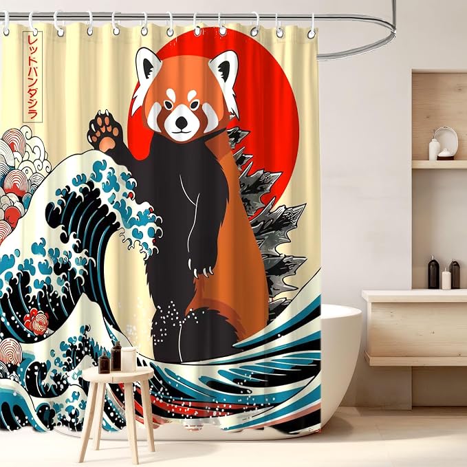 Funny Cute Red Panda Shower Curtain, Japan Animal Ocean Sea Wave Fabric Shower Curtains Set, Japanese Art Shower Curtains with Hooks, Kids Bathroom Art 72x72inch