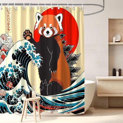 Funny Cute Red Panda Shower Curtain, Japan Animal Ocean Sea Wave Fabric Shower Curtains Set, Japanese Art Shower Curtains with Hooks, Kids Bathroom Art 72x72inch