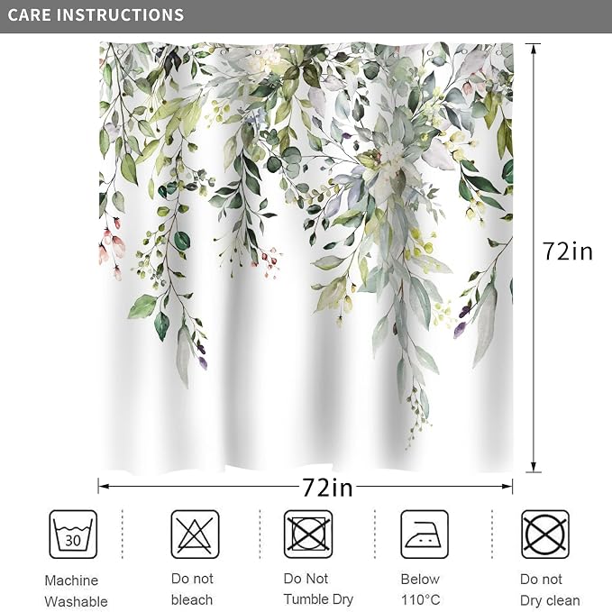 Eucalyptus Shower Curtain, Watercolor Green Leaves on The Top Plant with Floral Bathroom Curtain Bathtub Home Decor Waterproof Fabric Machine Washable with 12 Hooks