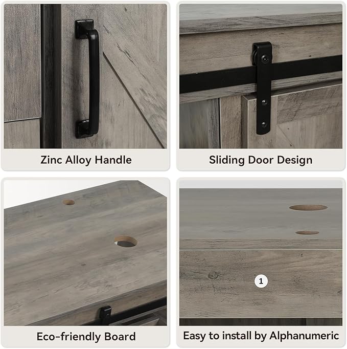 48" Barn Door Bathroom Vanity with 6 Drawers, Farmhouse Style Standing Pedestal Cabinet with Two White Ceramic Sinks