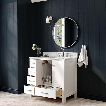 ARIEL Cambridge 36-inch Bathroom Vanity with Sink,Solid Wood, 0.75-inch Italian Carrara Marble Countertop, Single Rectangular Porcelain Sink, 2 Soft Closing Doors, 5 Dovetail Drawers, White