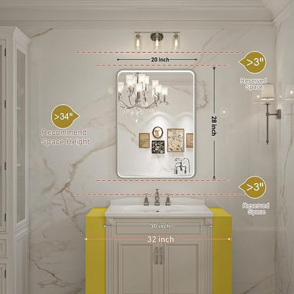 LED Bathroom Mirror, 20x28 Inch, Brushed Silver Framed | ETL Listed Anti-Fog,Dimmable,Horizontal & Vertical,Wall Mounted,Memory Function,Ideal for Bathroom,Vanity