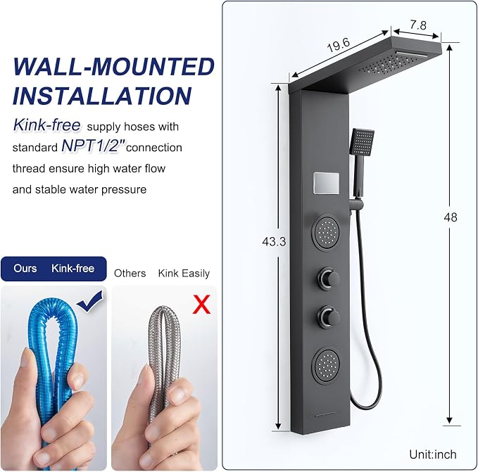 ROVATE 5-in-1 LED Rainfall Waterfall Shower Panel Tower System Matte Black | No Battery Needed Digital Temperature Display, Powerful Body Massage Jets, Flexible Handheld and Tub Spout, Blue LED Knob