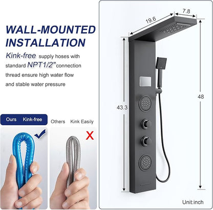 ROVATE 5-in-1 LED Rainfall Waterfall Shower Panel Tower System Matte Black | No Battery Needed Digital Temperature Display, Powerful Body Massage Jets, Flexible Handheld and Tub Spout, Blue LED Knob
