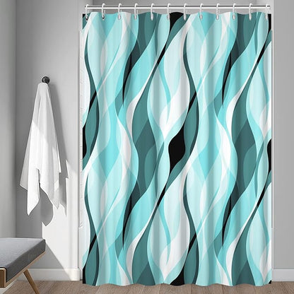 Teal Shower Curtain, Abstract Turquoise and Grey Striped Shower Curtain Set for Bathroom Waterproof Shower Curtain with Hooks, 72x72 Inch