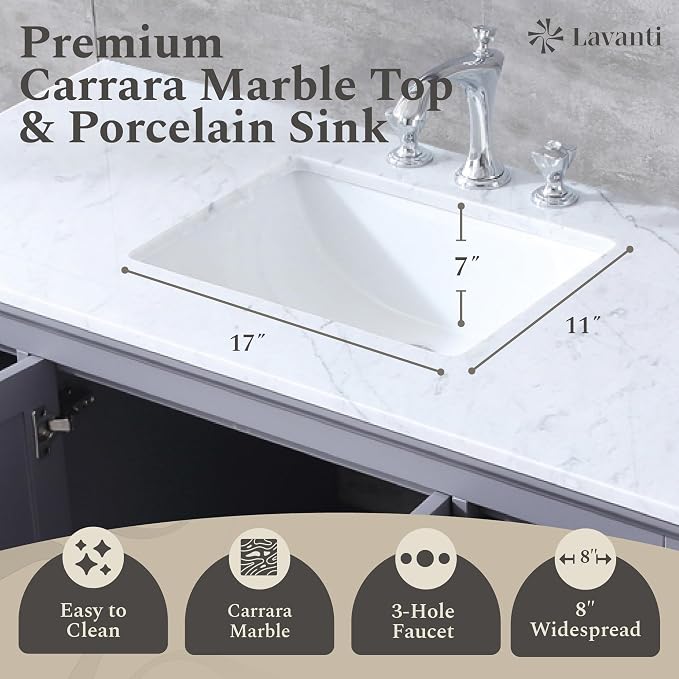 Lavanti Dumiat 80 Inch Bathroom Vanity with Sink – Stylish Gray Vanity Bathroom with Storage Cabinet – Modern Bathroom Vanities with Double Vanity Sink & Carrara Marble Countertop
