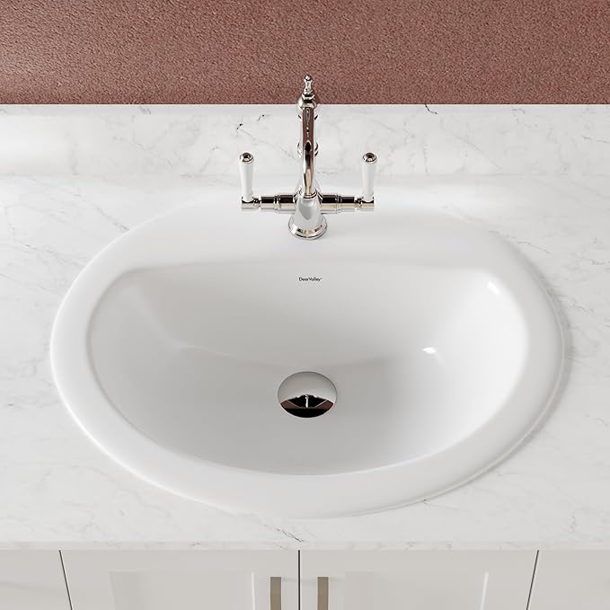 DeerValley Oval Drop-In Bathroom Sink 20x17 Inch, White Ceramic Vessel Basin with Overflow and Single Faucet Hole for Vanity Installation