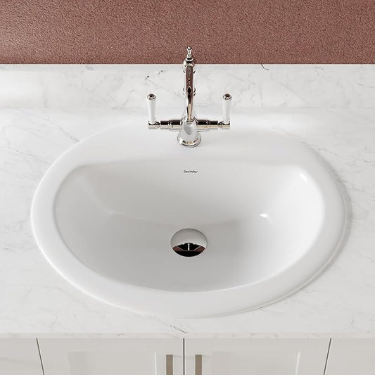 DeerValley Oval Drop-In Bathroom Sink 20x17 Inch, White Ceramic Vessel Basin with Overflow and Single Faucet Hole for Vanity Installation