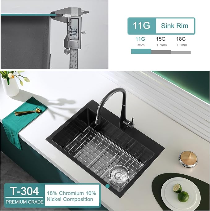 Black Topmount Kitchen Sink - 24”×18” Single Bowl Sink, Sink Grid | 9 Inch Deep Handmade Bar Sink with Strainer, Stainless Steel 304, Right Side Drain, X-Groove Drainage, Sound-Dampening Pad