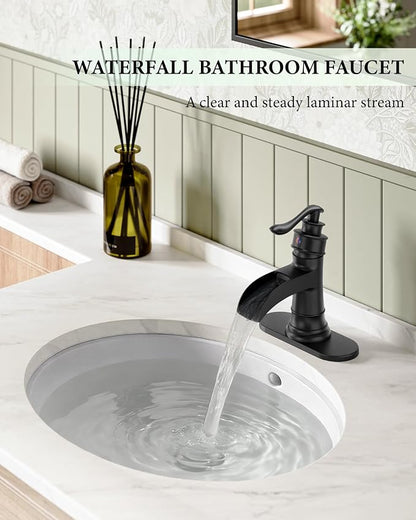 Black Bathroom Faucet Matte Waterfall Sink Farmhouse Vanity Single Hole | Faucets One Handle Basin Antique centerset with Pop Up Drain Stopper Mixer Tap Overflow Supply Line by Homevacious