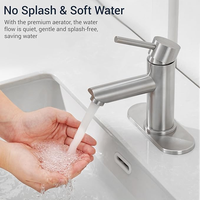 Brushed Nickel Bathroom Sink Faucets Single Hole Single Handle Stainless Steel Bathroom Faucet RV Faucet Deck Mount 1 Hole or 3 Holes with Pop-up Drains with Overflow