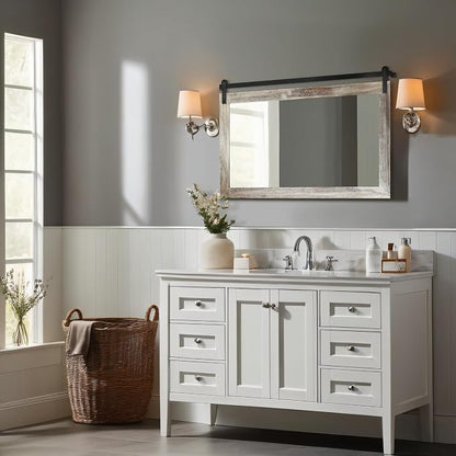 COGOOD Farmhouse Bathroom Mirrors for Over Sink - 26 x 41 Yellow White | Rustic Barn Door Wood Framed Vanity Mirror for Entryway, Living Room, Bedroom, Dresser Wall Decor