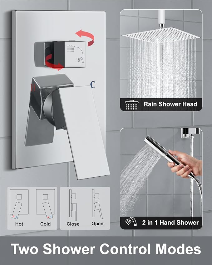 Aolemi Shower System with Rain Head and Handheld,16-Inch,Polish Chrome | High-Pressure Shower Faucet Set with Dual-Function Handheld,Rough-In Valve,1.8 GPM,Ceiling Mount Trim Kit