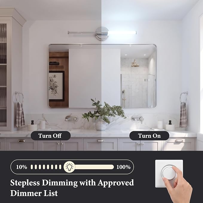URSOLA 24" Modern LED Bathroom Light Fixtures, Chrome 3CCT Dimmable Bathroom Vanity Light Over Mirror, Bathroom Vanity Bath Bar Lights with 360° Removable Acrylic Light Tube