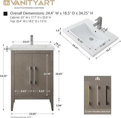 Vanity Art 24 inch Bathroom Vanity with Single Sink & Ceramic Top, Vanity Cabinet with Soft-Closing Doors, Solid Wood Frame, Driftwood Gray, VA9024-DG-GB1