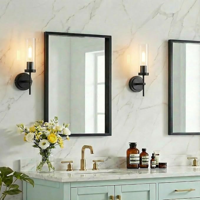 Hardwired Black Wall Sconce Bathroom sconces Vanity Light fixtures | Modern Wall light Fixtures with Clear Glass, for Bathroom Mirror Living Room Bedroom Hallway Stairs