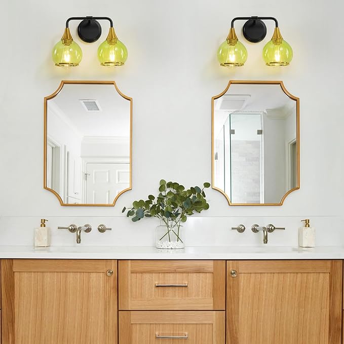 Black and Gold Bathroom Vanity Light 2-Lights Bathroom Light Fixtures Over Mirror with Green Clear Glass Shade 14 inch Wall Sconce Lighting Bath(Exclude E26 Bulb)