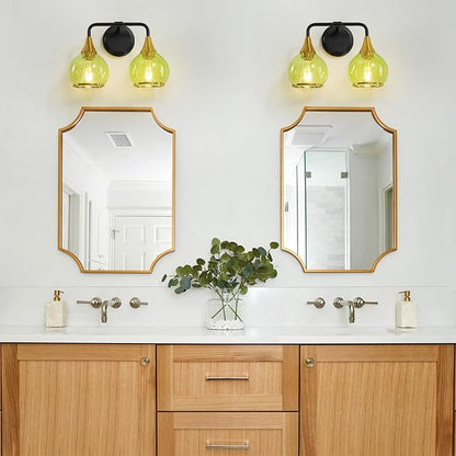 Black and Gold Bathroom Vanity Light 2-Lights Bathroom Light Fixtures Over Mirror with Green Clear Glass Shade 14 inch Wall Sconce Lighting Bath(Exclude E26 Bulb)
