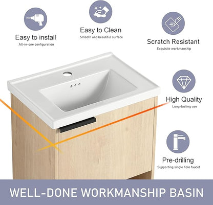20" Bathroom Vanity with Sink, 20 Inch Floating Bathroom Vanity for Small Space, Modern Bathroom Vanity,Brown Wall Mounted Cabinet Set (066, PLO, 20''W x 14''D)
