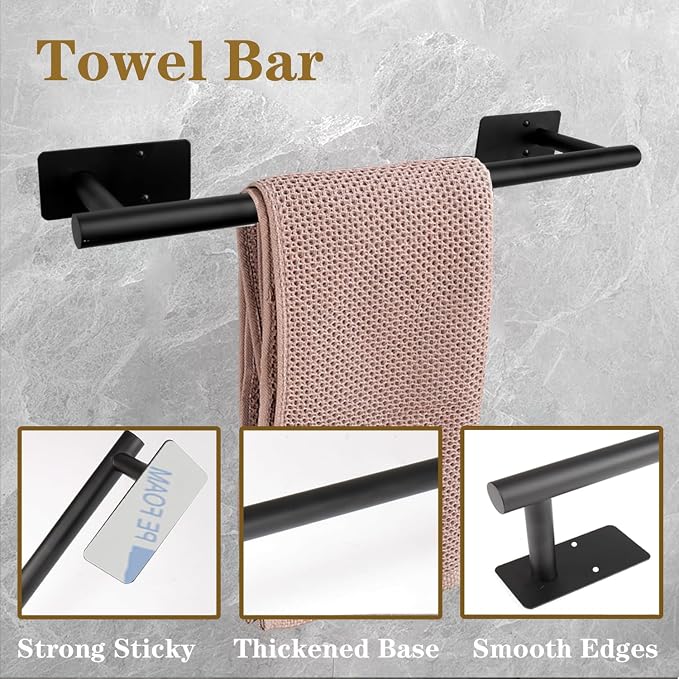 5 PCS Self Adhesive Bathroom Hardware Set, Stainless Steel Towel Rack Set Include 16In Bath Towel Bar+Toilet Paper Holder+3 Towel/Robe Hooks No Drill Bathroom Accessory Kit(Matte Black)