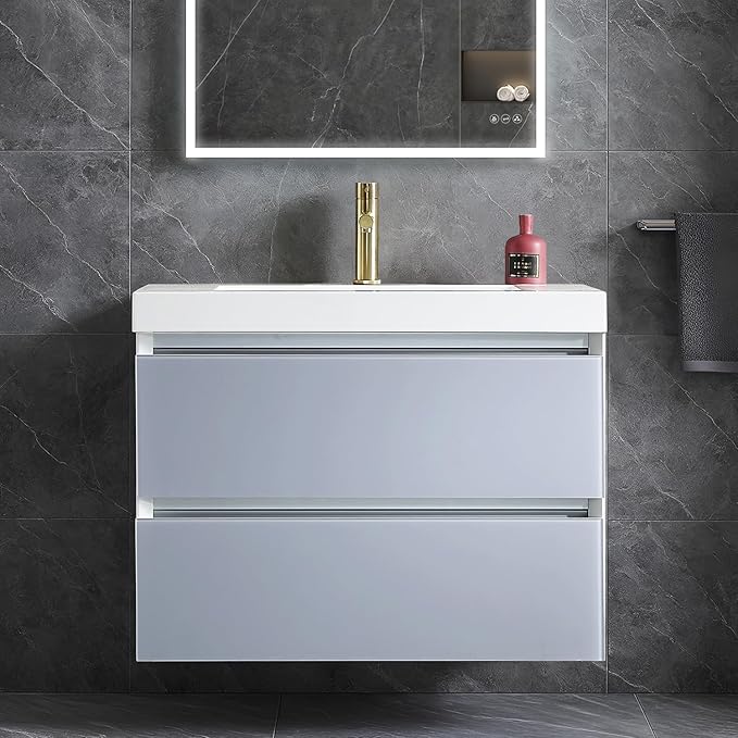 Blossom 30 inch LED Lighted Bathroom Vanity with Acrylic Sink | Wall Mounted Vanity with Dimmable LED Lights | Modern Floating Design for Small Bathrooms | 30" w/Acrylic Sink, Light Grey