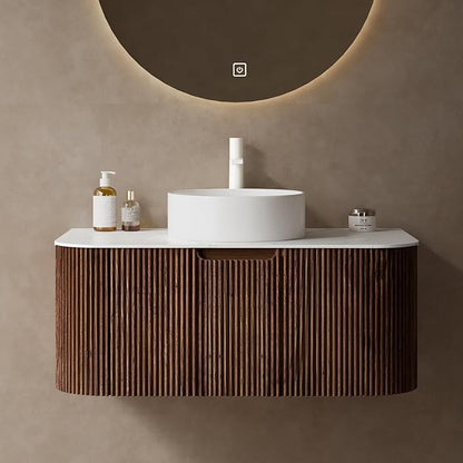 Yayzy 36" Floating Bathroom Vanity with Sink, Solid Wood Fluted Cabinet, White Round Ceramic Basin & Faux Marble Top, Soft-Close Drawer, Pre-Assembled, Walnut Woodgrain