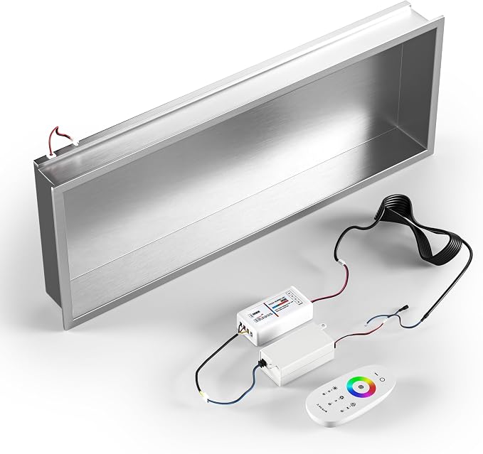 Led Shower Niche 30" X 12" Brushed with RGB Light 304 Stainless Steel Niche Shower for Bathroom Storage Waterproof Hardwired Dimmable Horizontal Installation
