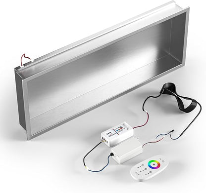 Led Shower Niche 30" X 12" Brushed with RGB Light 304 Stainless Steel Niche Shower for Bathroom Storage Waterproof Hardwired Dimmable Horizontal Installation