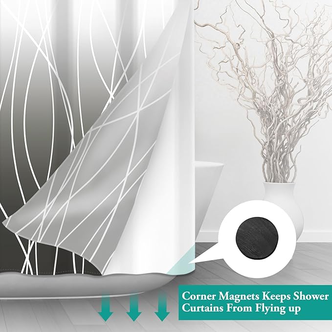 No Hook Ombre Dark Grey Striped Long Shower Curtain with Snap in Fabric Liner Set - Hotel Shower Curtain and Liner Set with See Through Mesh Top Window,Machine Washable, 71x86 INCH