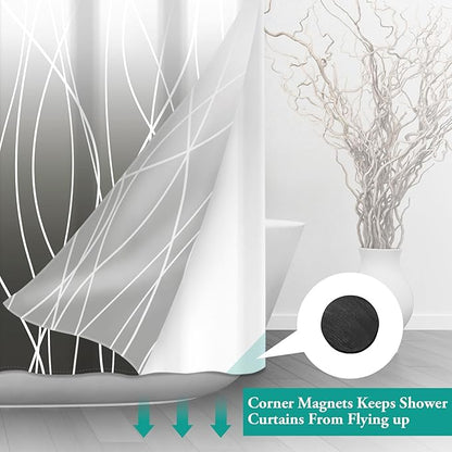 No Hook Ombre Dark Grey Striped Long Shower Curtain with Snap in Fabric Liner Set - Hotel Shower Curtain and Liner Set with See Through Mesh Top Window,Machine Washable, 71x86 INCH