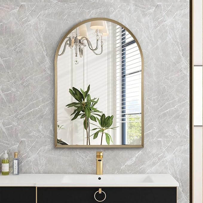 Bathroom Arched Wall Mirror Brushed Metal Vanity Wall Mounted Mirror for LivingRoom Bedroom Entryway Room Vanity Home Decor 26"x18"