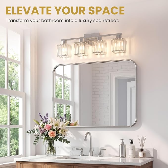Crystal Bathroom Light Fixtures, 4-Light Brushed Nickel, Vanity Lights for Bathroom Over Mirror, Modern Bath Wall Sconce for Mirror Bedroom Living Room