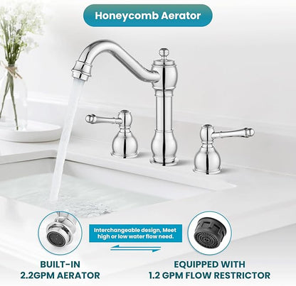 gotonovo 8 Inch Widespread Bathroom Faucets for Sink 3 Hole 2 Lever Handle Deck Mount with Pop Up Drain Hot and Cold Water Supply Lines Polish Chrome