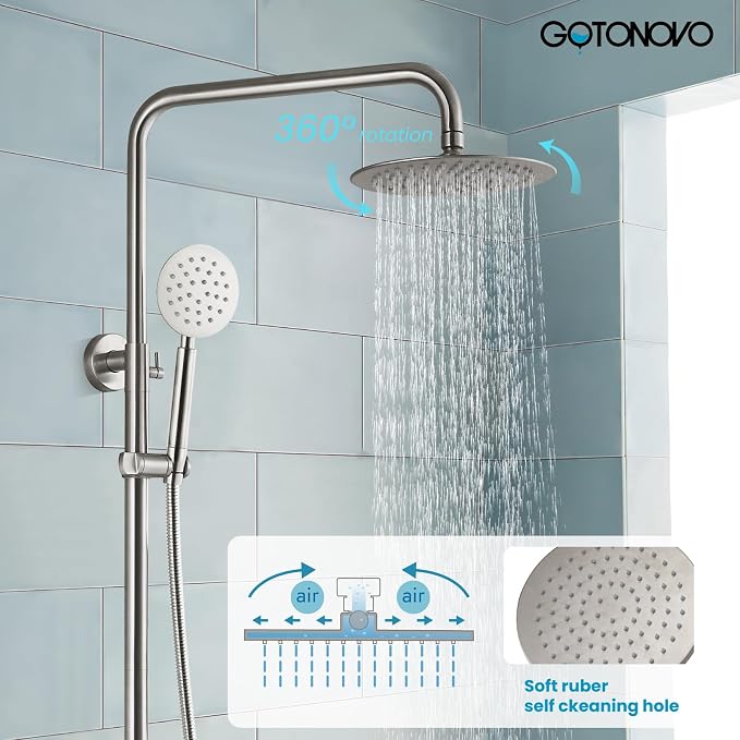 gotonovo Outdoor Shower Kit SUS304 Stainless Steel Brushed Nickel | Outside Shower Fixtures,8’’ Rain Head with Handheld Sprayer,Swivel Tub Spout,Indoor/Outdoor,Poolside,Backyard,Garden,Beach