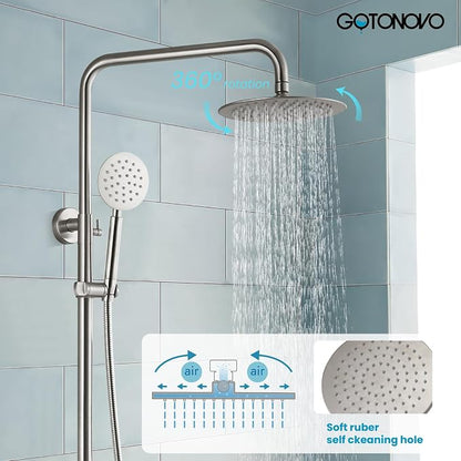 gotonovo Outdoor Shower Kit SUS304 Stainless Steel Brushed Nickel | Outside Shower Fixtures,8’’ Rain Head with Handheld Sprayer,Swivel Tub Spout,Indoor/Outdoor,Poolside,Backyard,Garden,Beach