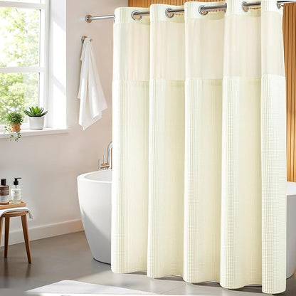 River Dream Cream Cotton Blend Fabric Shower Curtain Set with Liner, 71x74 | Waffle Weave, No Hook Needed, with Snap in Replacement Liner, Top Sheer Window, Hotel Quality Fabric for Bathroom