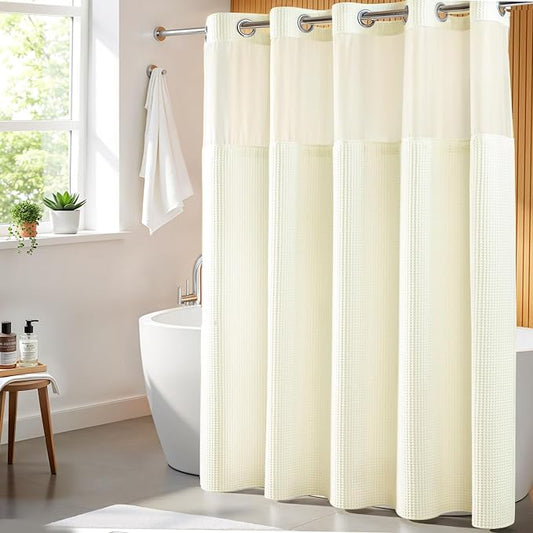 River Dream Cotton Blend Fabric Shower Curtain Set with Liner, Cream, 71x86 | Waffle Weave, No Hook Needed, with Snap in Replacement Liner, Top Sheer Window, Hotel Quality for Bathroom, Extra Long