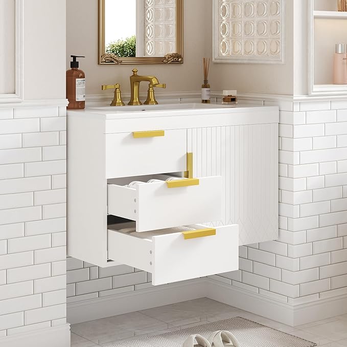 30 Inch Bathroom Vanity with Sink, Wall Mounted Bathroom Storage Cabinet with Soft Closing Door and 2 Drawers, Floating Bathroom Vanities with Decor Line