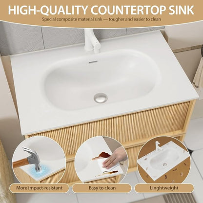 24" Japandi Floating Bathroom Vanity with Sink, Pre-Assembled Japandi Bathroom Sink Vanity, Wall Mounted with Integrated Stone Top and 2 Soft Close Drawers