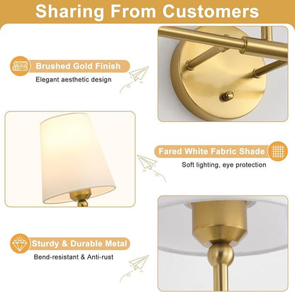 Bathroom Light Fixtures, 3-Light Brushed Gold Vanity Lights, 25" Bathroom Lighting Fixtures Over Mirror with White Flared Fabric Shade, Modern Wall Sconces for Bathroom Bedroom Living Room Hallway