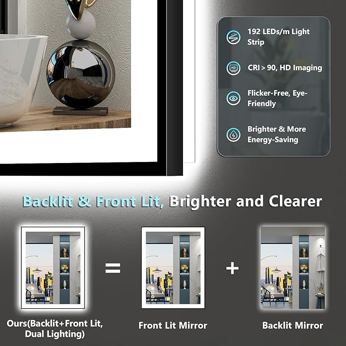 28x32 Black Framed LED Bathroom Mirror with Lights, Backlit and Front Lit Anti-Fog Lighted Vanity Mirrors for Bathroom Wall, Dimmable, 3 Colors, Memory, HD Tempered Glass, Horizontal/Vertical