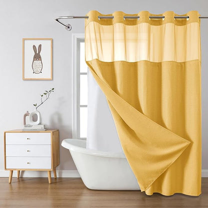 eachope No Hook Waffle Shower Curtain with Snap-in Liner, 71x74 Inch, Gold | 230 GSM waffle weave fabric, waterproof liner set with 2 bottom magnets, mesh top window, washable, for bathroom or hotel use