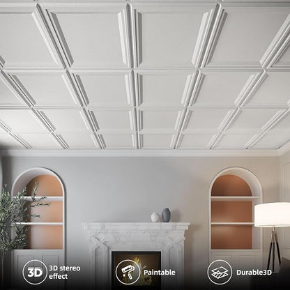 WOWSTAR 12-Pack 24"x24" Drop Ceiling Tiles, Waterproof Glue up Ceiling Panels, White | PVC ceiling panels, 24"x24", waterproof, glue-up install, basement kitchen bathroom, 12-pack, set C