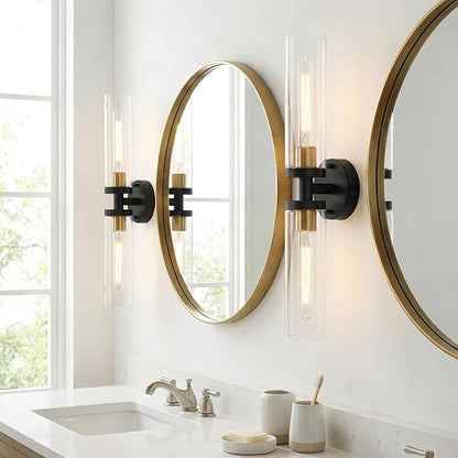 Black and Gold Wall Sconces Set of 2, Hardwired Bathroom Light Fixtures, Modern Bathroom Vanity Wall Lighting with Clear Glass Shade, Farmhouse Wall Sconce for Mirror Bedroom Hallway, E26 Base