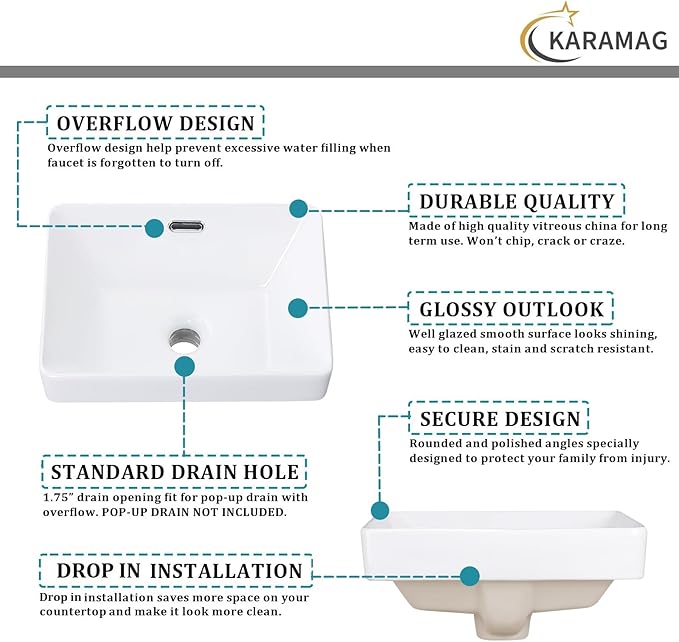 Small Bathroom Vessel Sink 15.5'' x 11.9'' Semi Recessed Bathroom Sink Rectangular Drop-in Vanity Sink with Overflow White Ceramic Modern Art Basin