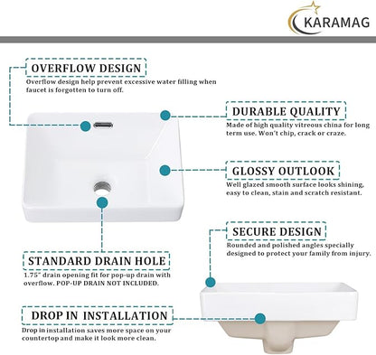 Small Bathroom Vessel Sink 15.5'' x 11.9'' Semi Recessed Bathroom Sink Rectangular Drop-in Vanity Sink with Overflow White Ceramic Modern Art Basin